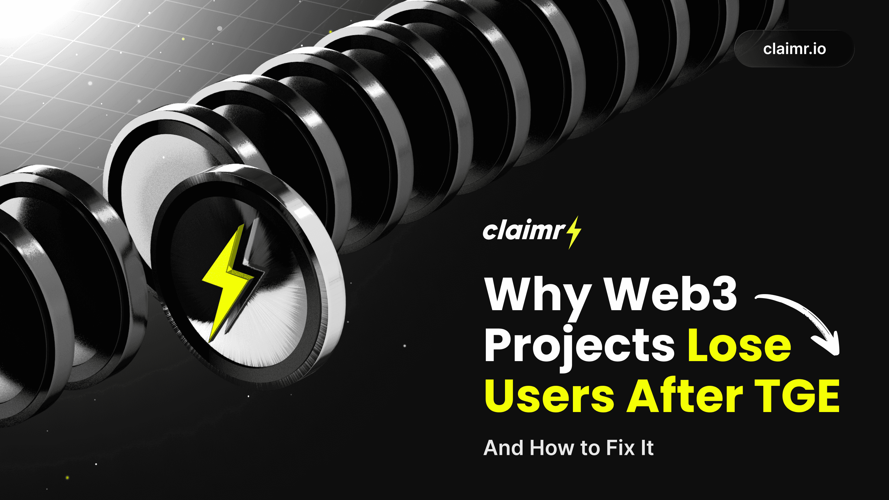 Claimr.io advertising banner with the headline “Why Web3 Projects Lose Users After TGE” and 3D coins with a lightning bolt logo.