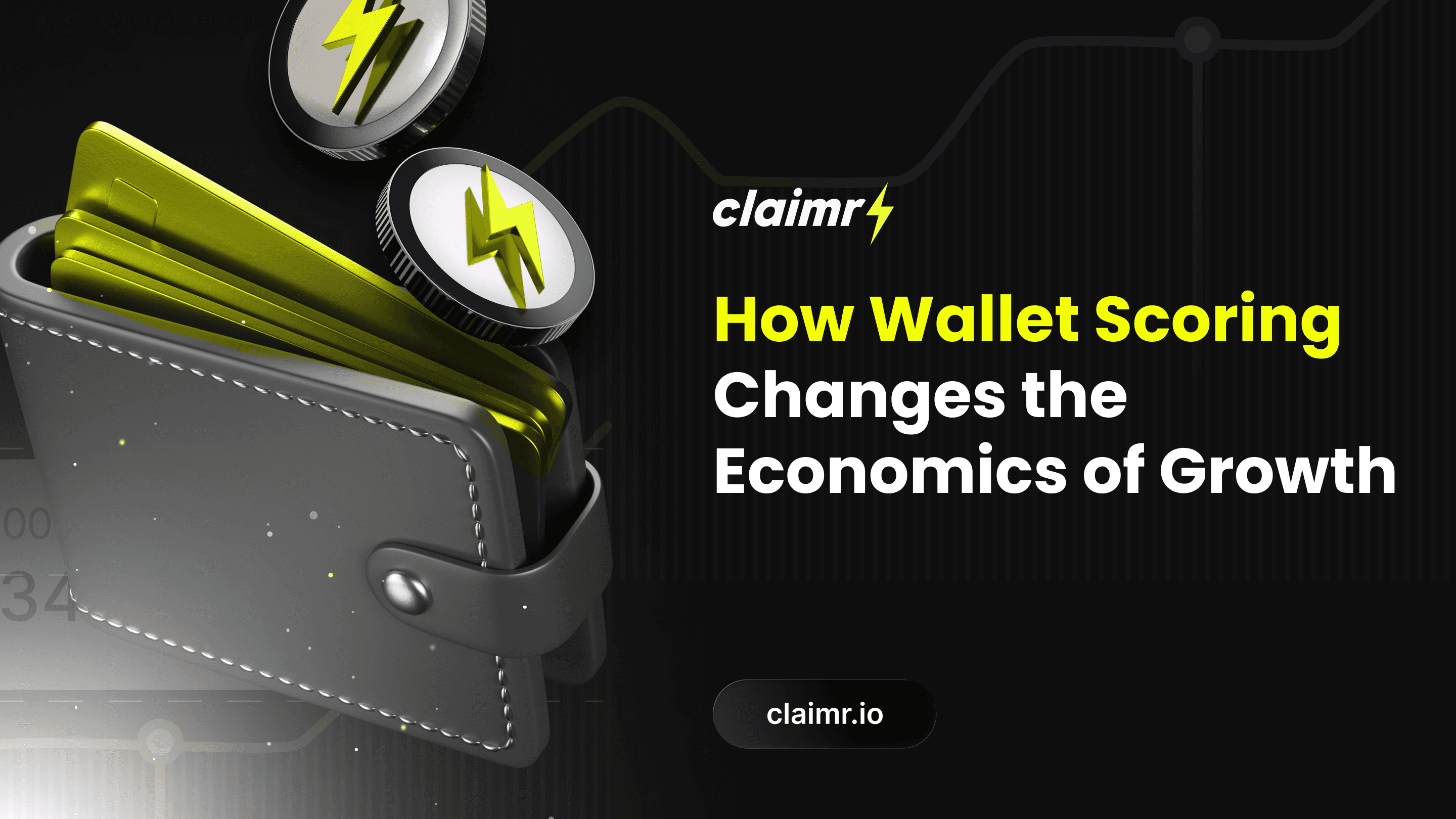 A claimr.io banner ad with the headline "How Wallet Scoring Changes the Economics of Growth" and a 3D image of a wallet with cards and coins.