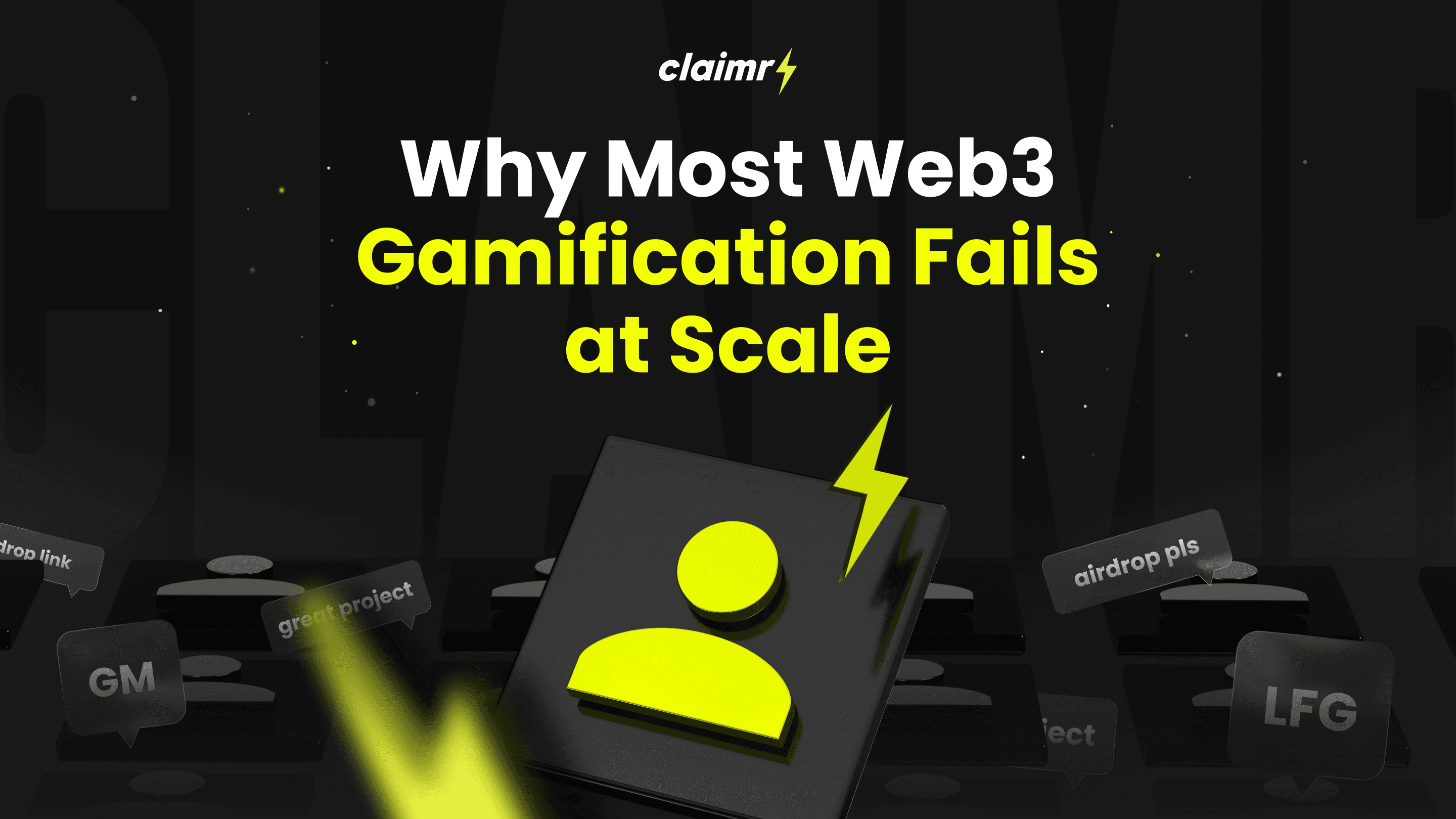A claimr.io ad banner with the headline "Why Most Web3 Gamification Fails at Scale" and an illustration of a crowd using crypto slang.