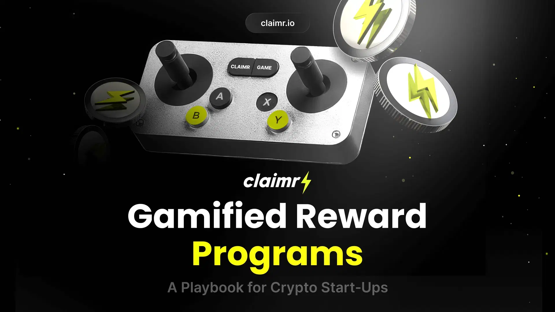 A claimr.io ad banner with the headline "Gamified Reward Programs: A Playbook for Crypto Start-Ups" and a 3D image of an arcade controller and coins.