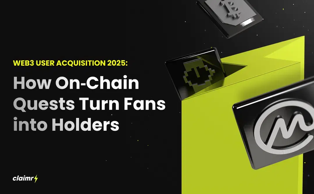 A claimr.io ad banner with the headline "WEB3 USER ACQUISITION 2025: How On-Chain Quests Turn Fans into Holders" and a 3D image of a box of crypto cards.