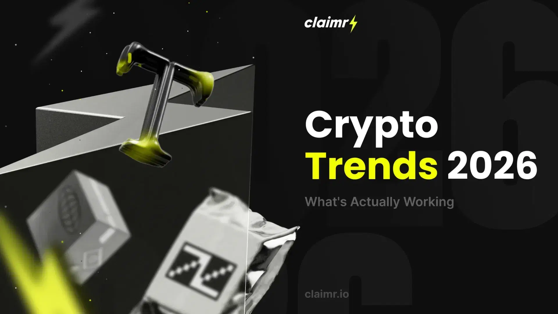 A claimr.io ad banner with the headline "Crypto Trends 2026: What's Actually Working" and abstract 3D elements.